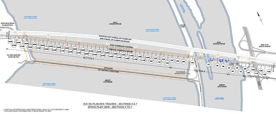Plan repère du pont Champlain d’origine afin de bien situer les différentes sections et pile