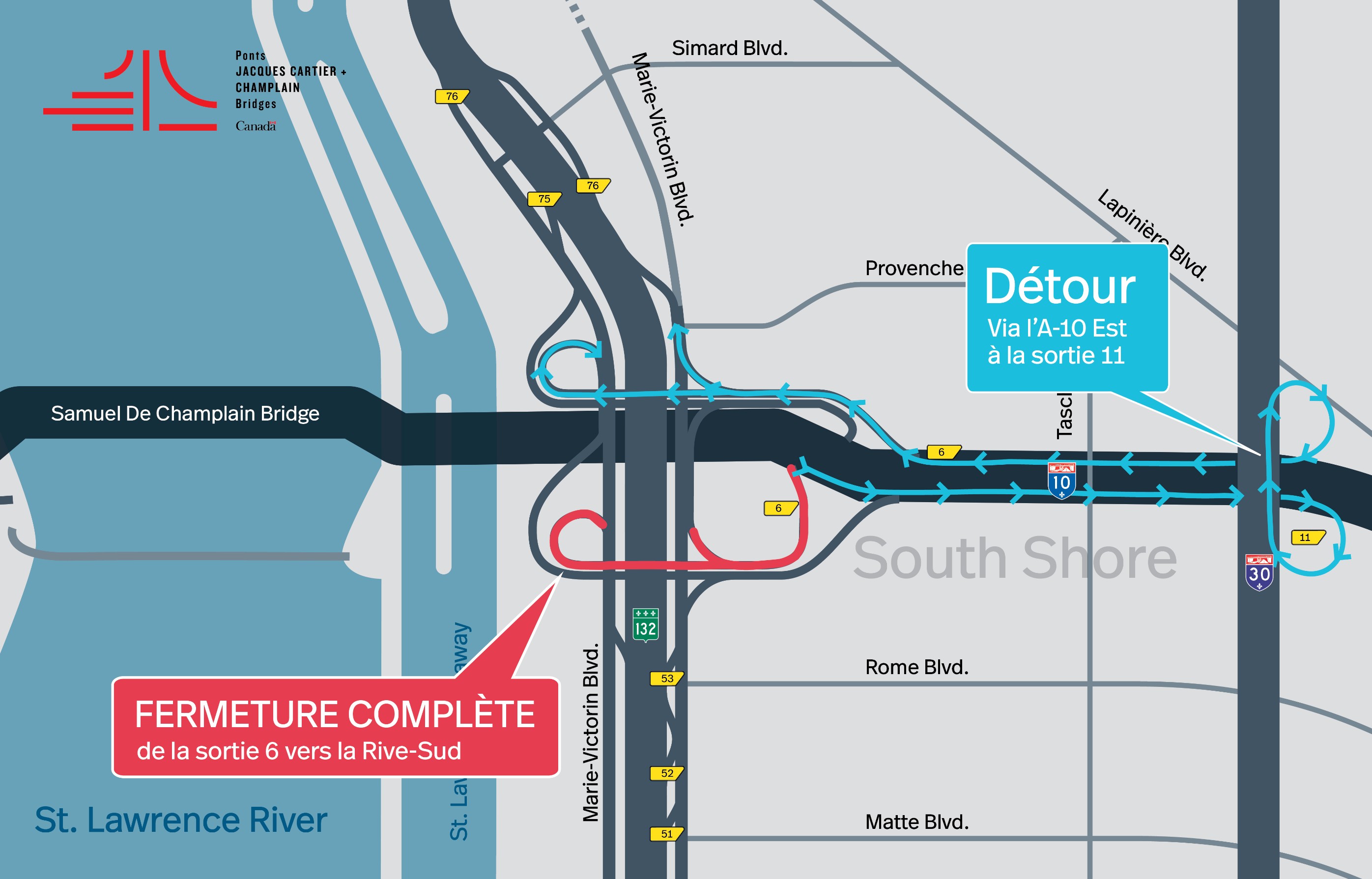 Pont Samuel-De Champlain | Fermeture complète de nuit de la sortie 6 en direction de la Rive-Sud les 24 et 25 novembre