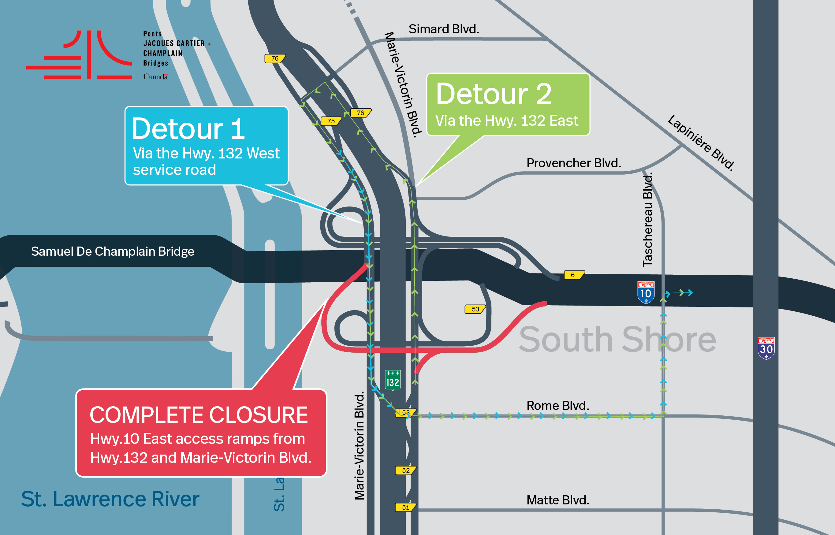Samuel De Champlain Bridge | Complete night closure of the Hwy.10 East access ramps from Hwy.132 East and West, on December 16