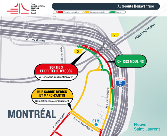 A-Bonaventure | Fermeture de la bretelle d'accès depuis le Ch. des Moulins vers l'autoroute en direction de l'A-15, du 6 au 9 février