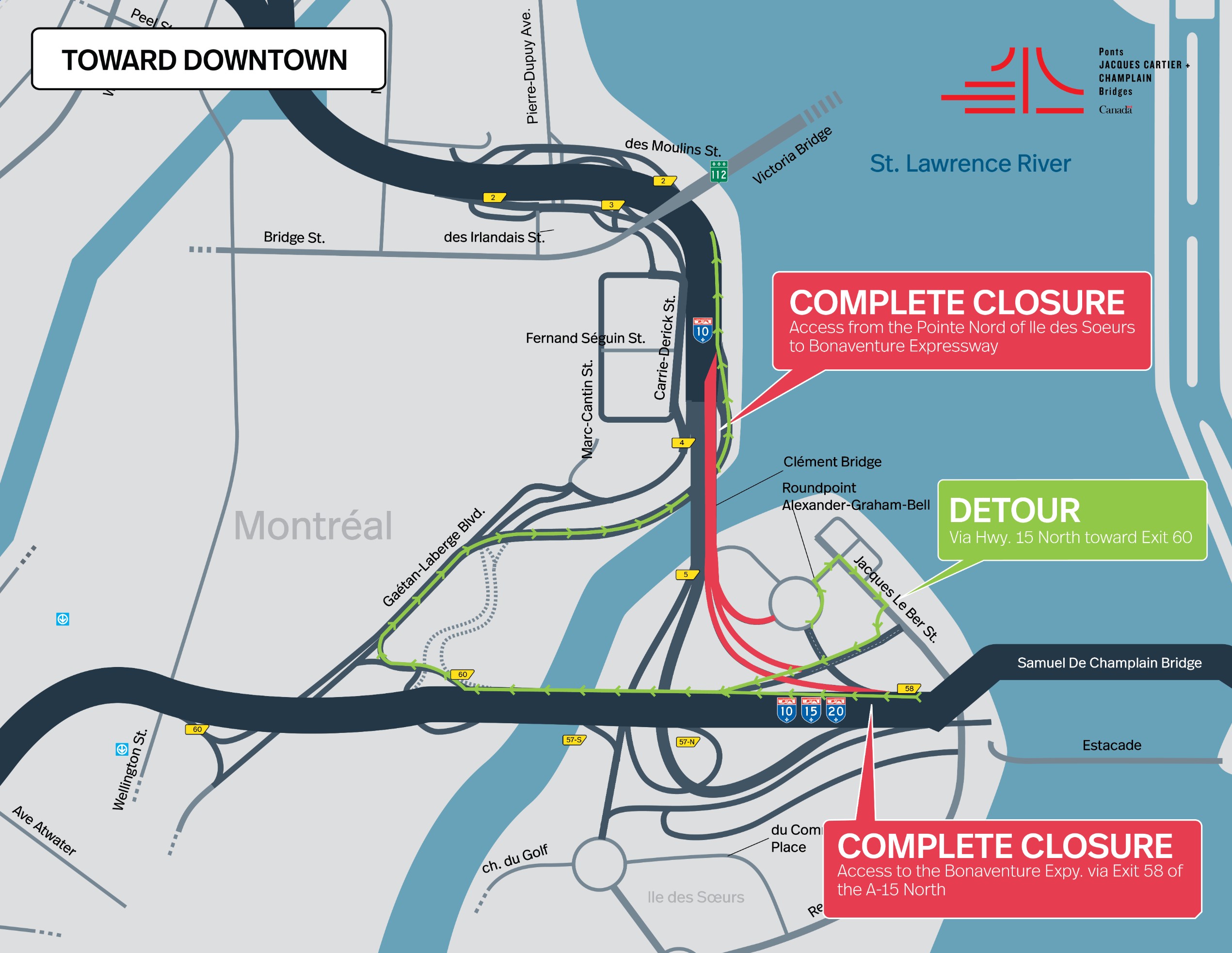 Bonaventure Expy. | Complete night closure of the accesses to the Expy., toward downtown, on February 17