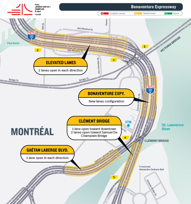 Bonaventure Expy. | New lanes configuration between Victoria Bridge and Clément Bridge, in both directions, from March 25 to mid-April