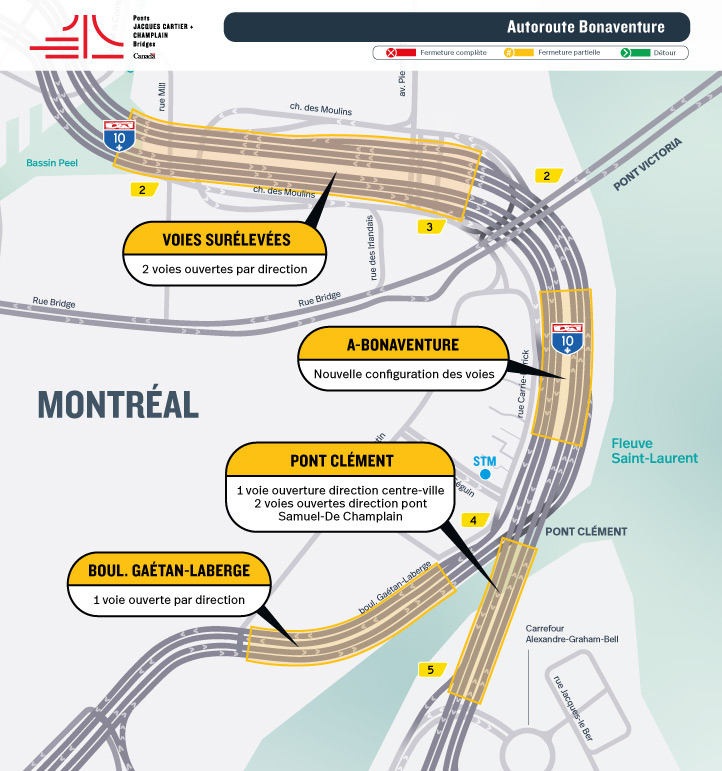 A-Bonaventure | Nouvelle configuration des voies entre le pont Victoria et le pont Clément, dans les deux directions, du 25 mars à la mi-avril