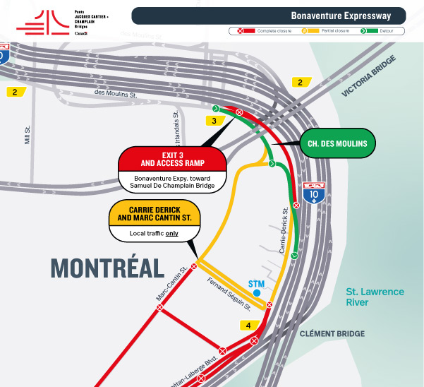A-Bonaventure | Closure of the access ramp from Ch. des Moulins to the Expressway toward Samuel De Champlain Bridge, from April 10 to 14