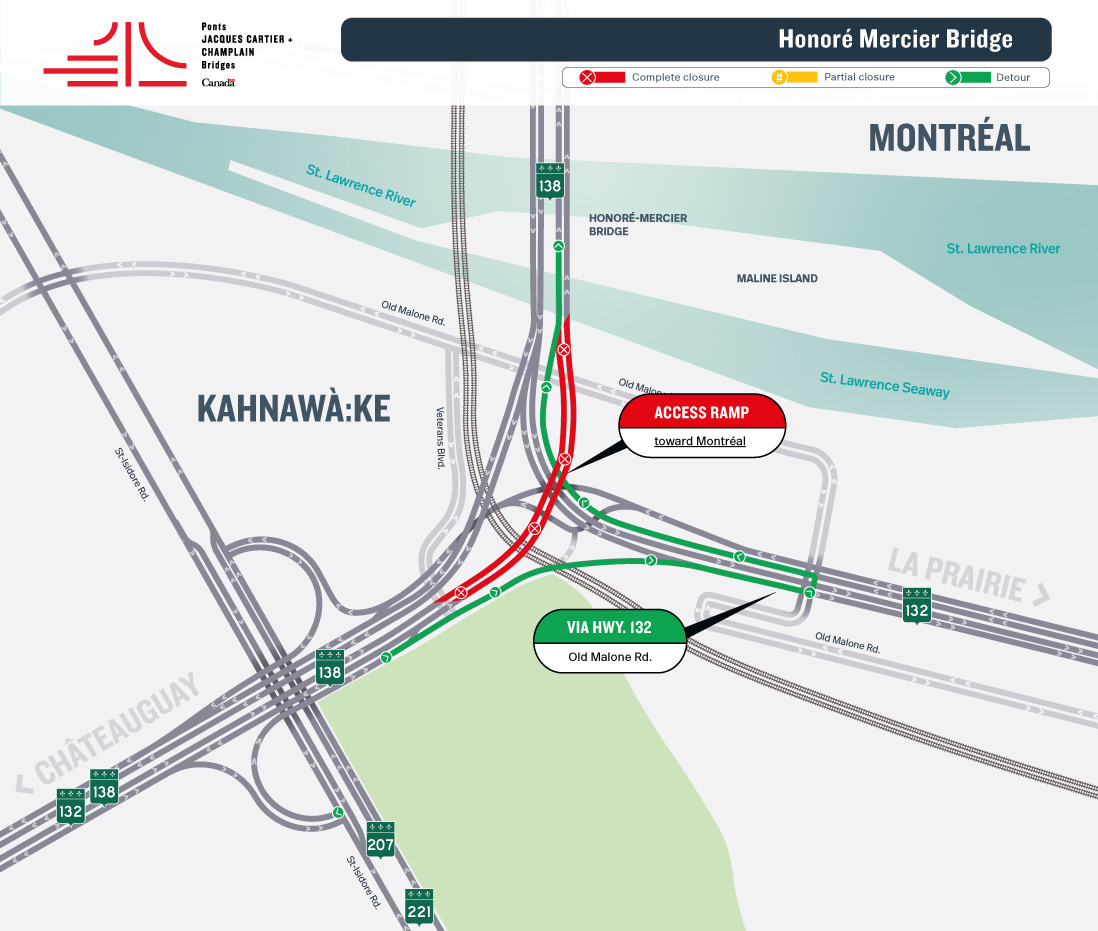 Honoré Mercier Bridge | Night closure of Hwy. 138 East access ramp toward Montréal, on May 1 and of the exit ramp toward Châteauguay, on May 2