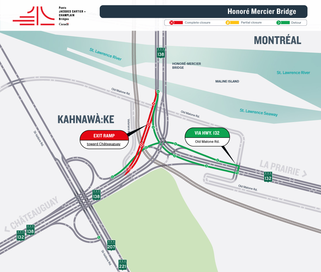 Honoré Mercier Bridge | Night closure of Hwy. 138 East access ramp toward Montréal, on May 1 and of the exit ramp toward Châteauguay, on May 2