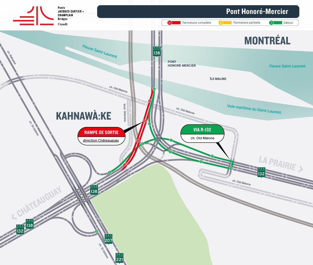 Pont Honoré-Mercier | Fermeture de nuit de la rampe d’accès de la R-138 Est direction Montréal, le 1 mai et de la rampe de sortie direction Châteauguay, le 2 mai