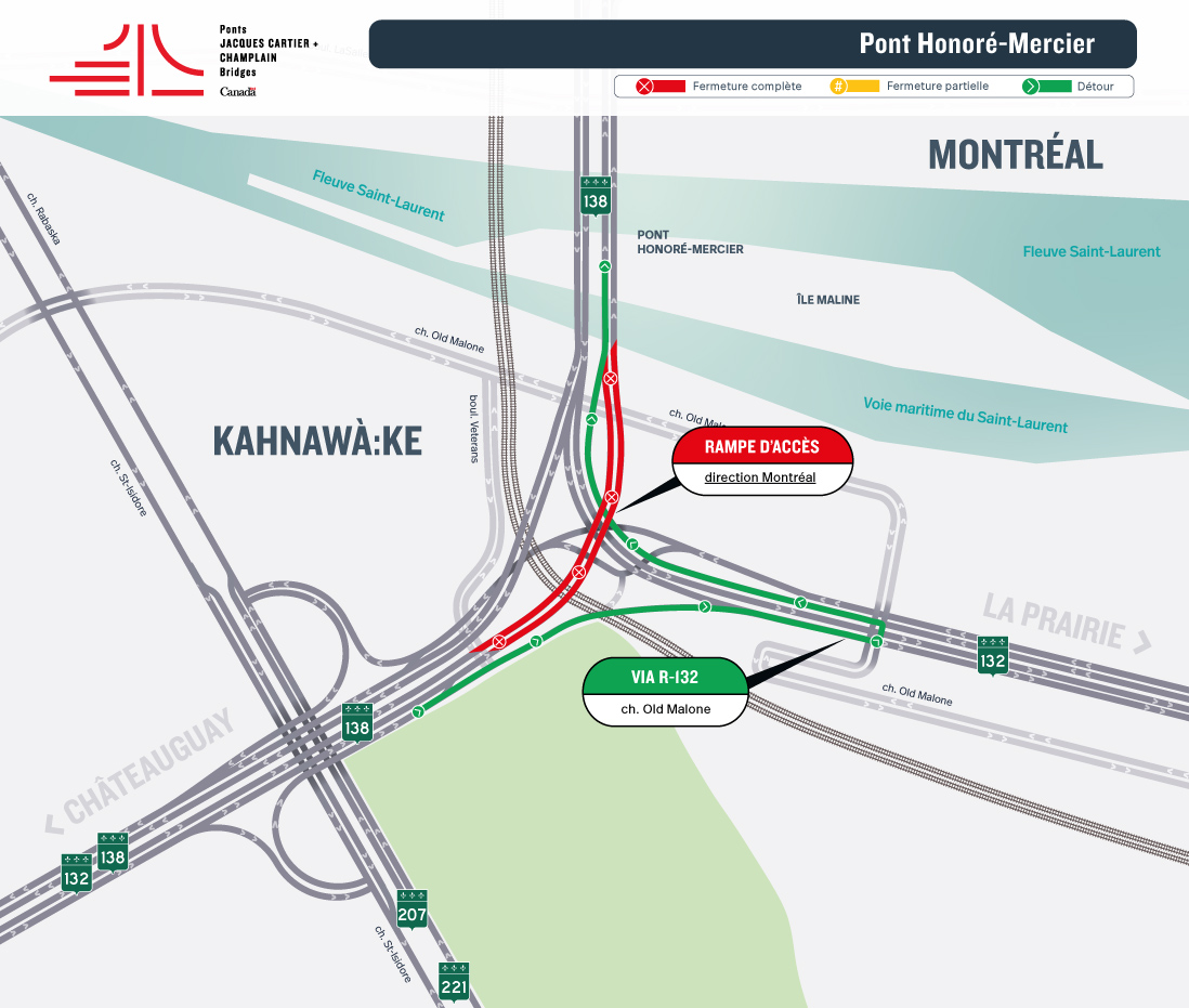Pont Honoré-Mercier | Fermeture de nuit de la rampe d’accès de la R-138 Est en direction Montréal, les 8 et 9 juin, et de la rampe de sortie en direction de La Prairie, le 8 juin