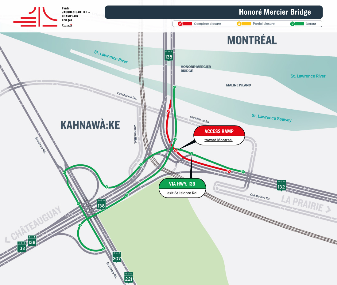 Honoré Mercier Bridge | Complete night closure of the access ramp from the Hwy. 132 West, toward Montréal, and of the exit ramp toward Châteauguay, on June 10
