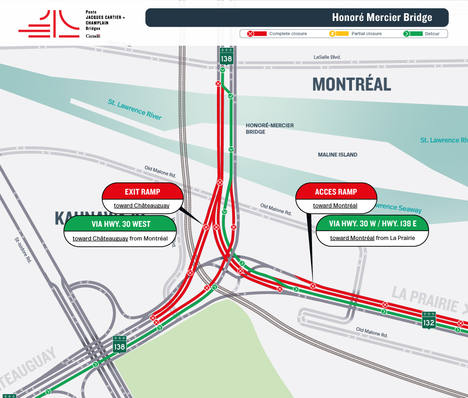 Honoré Mercier Bridge - AVOID THE AREA | Major work blitz - Closure of several access and exit ramps from June 12 to 15