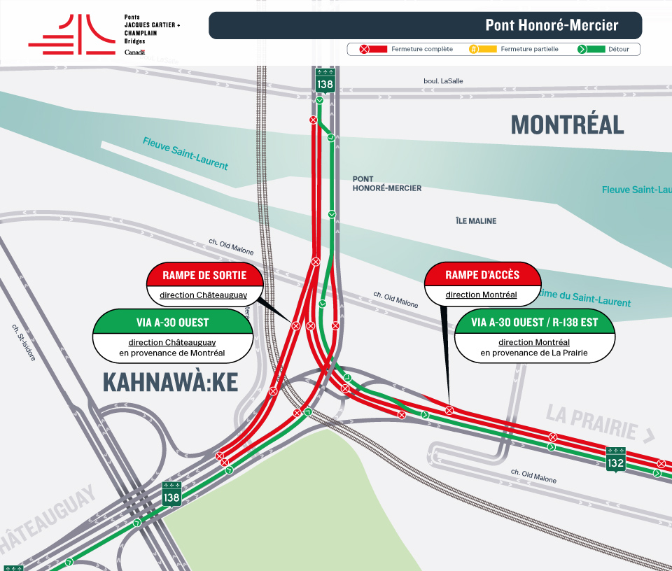 Pont Honoré-Mercier - ÉVITEZ LE SECTEUR | Blitz de travaux majeur - Fermeture de plusieurs rampes d'accès et de sortie du 12 au 15 juin