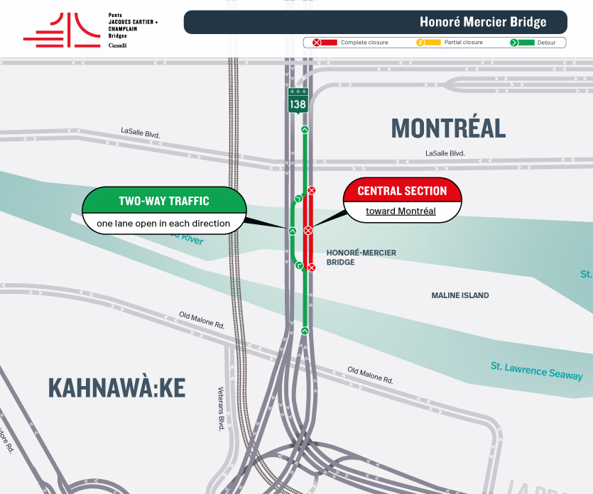 Honoré Mercier Bridge | Work blitz - One lane open in each direction on the central section of the bridge, from July 4 to 6