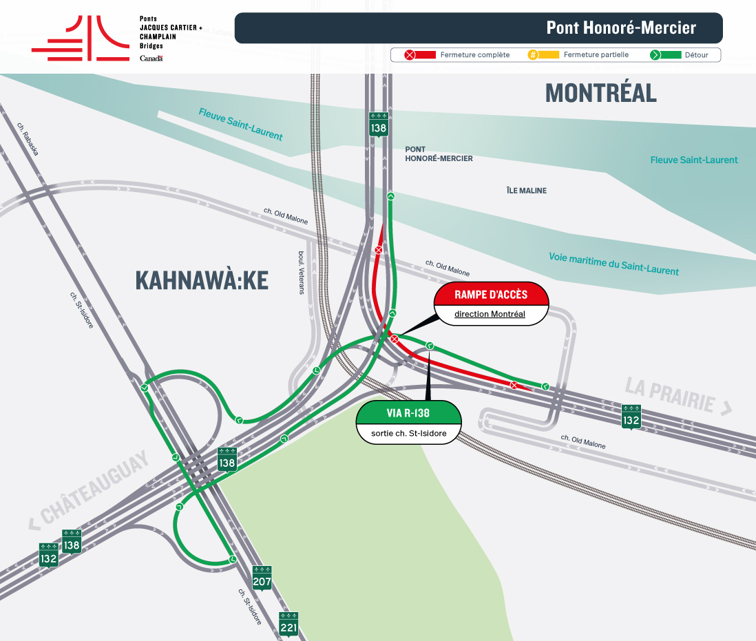 MISE À JOUR - Pont Honoré-Mercier | Fermeture de nuit de la rampe d’accès de la R-138 est en direction de Montréal, reportée du 14 au 16 juillet, et de la rampe d'accès de la R-132 ouest en direction de Montréal, le 15 juillet