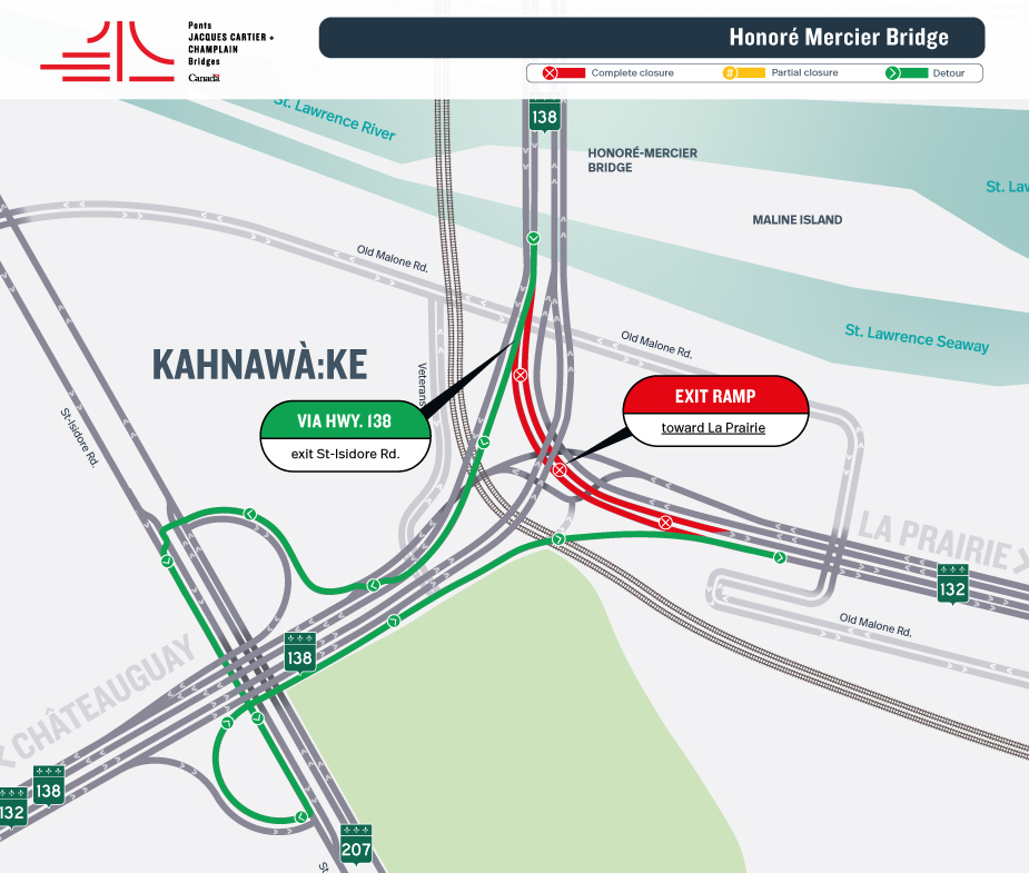 Honoré Mercier Bridge | Night closure of the exit ramp of the bridge, toward La Prairie, on August 11
