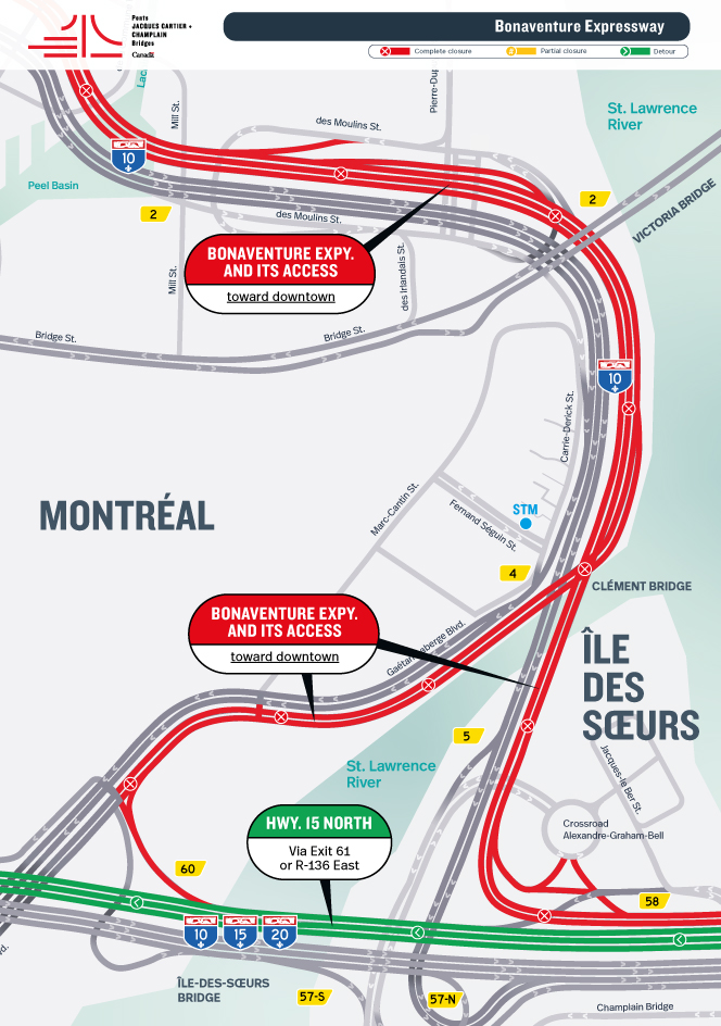 UPDATE - Bonaventure Expy. | Day closures of the Expy., toward downtown, from September 19 to 22 (World Cycling Championships) and of the Exits 58 and 60 of Hwy. 15 N.