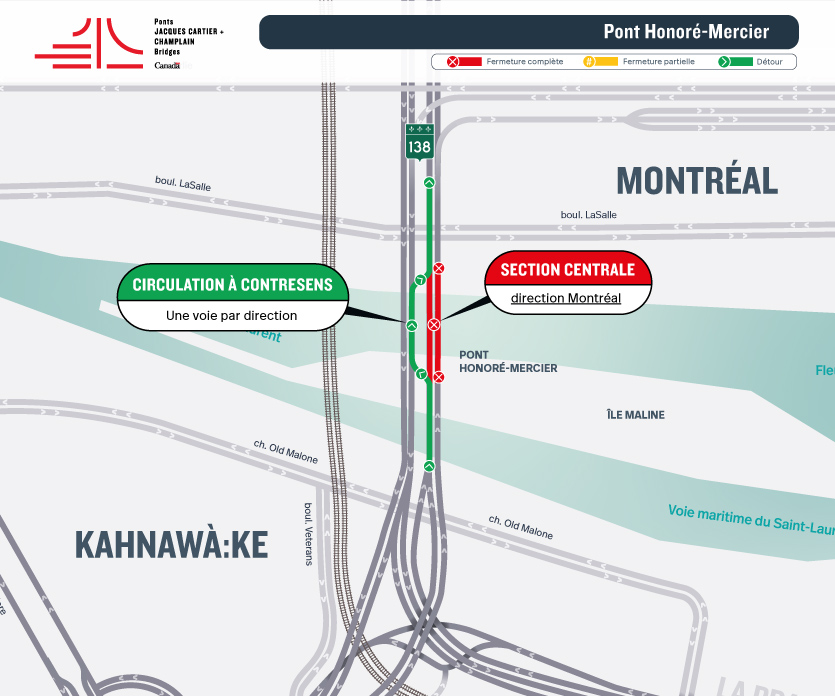 Pont Honoré-Mercier | Circulation à contresens sur la partie centrale du pont du 17 au 19 octobre (travaux du ministère des Transports et de la Mobilité durable)