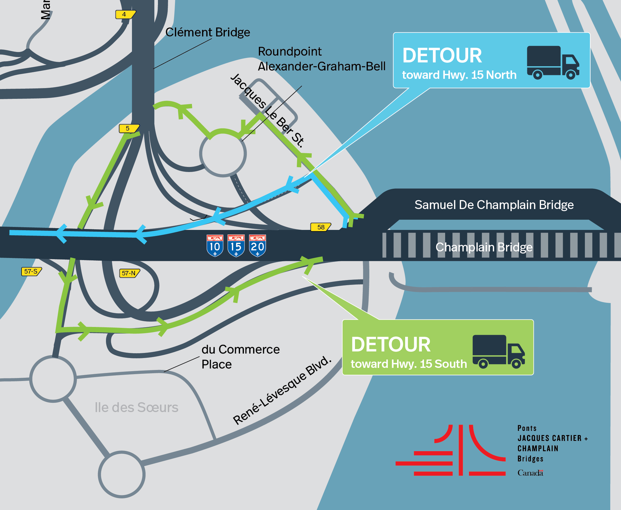 Île des Soeurs sector | Change of route to Pointe Nord for trucks leaving the Champlain Bridge deconstruction site as of October 12