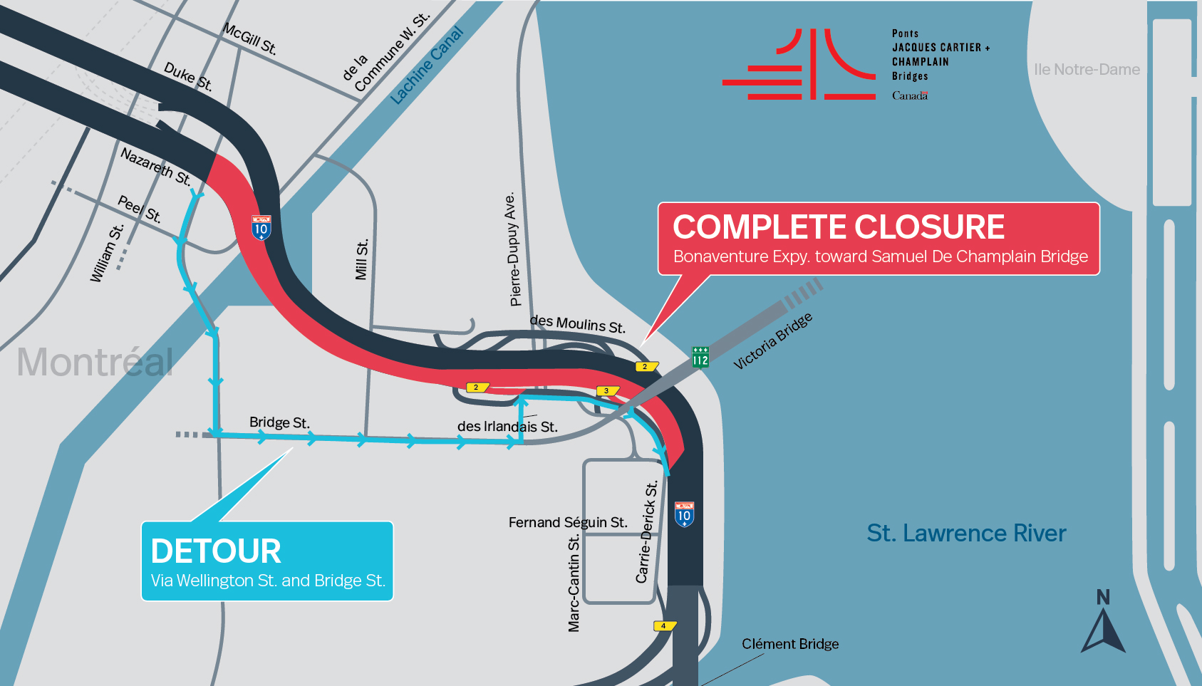 UPDATE | Bonaventure Expy. | Complete night closure of a portion of the Expy., toward Samuel De Champlain Bridge, on October 14
