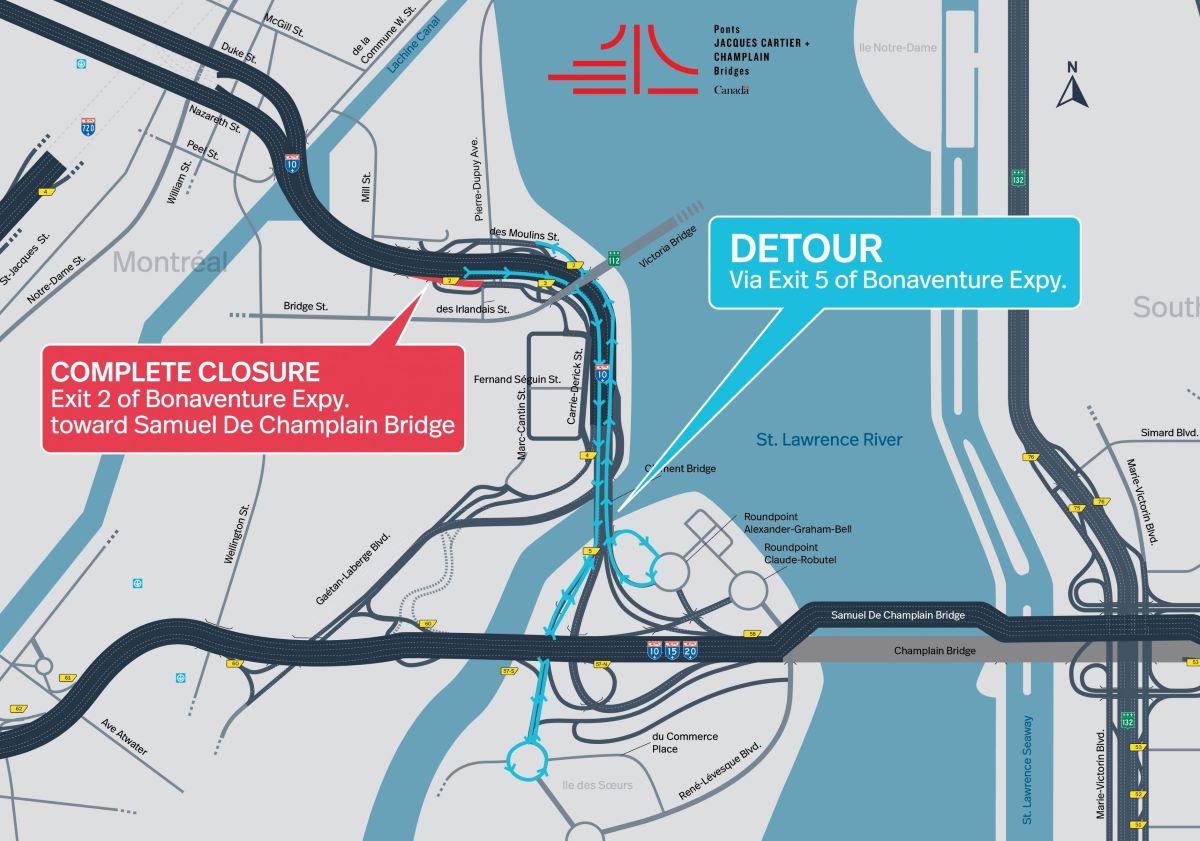 Bonaventure Expy. | Complete closure of the Exit 2 of the Expy., toward Samuel De Champlain Bridge, on the evening of October 19