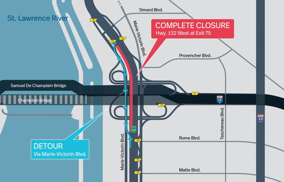 Brossard Sector | Complete closure of Hwy. 132 West, under the original Champlain Bridge, on October 20