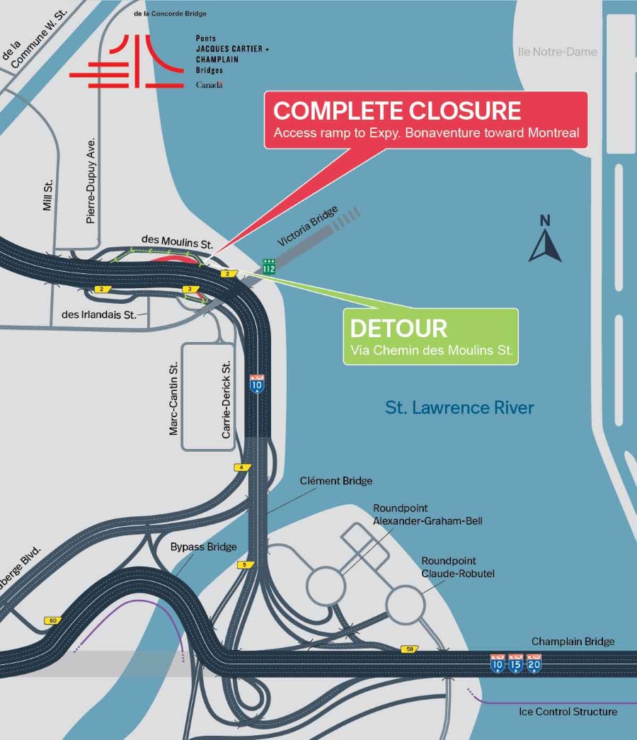 Bonaventure Expy. | Complete night closure Des Moulins St. access ramp to Bonaventure Expy., toward downtown, February 11