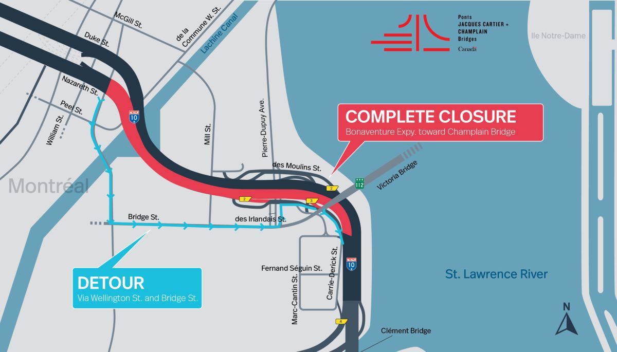 Bonaventure Expy. | Complete night closure of a portion of the Expy., toward Samuel De Champlain Bridge, on October 31 and November 1