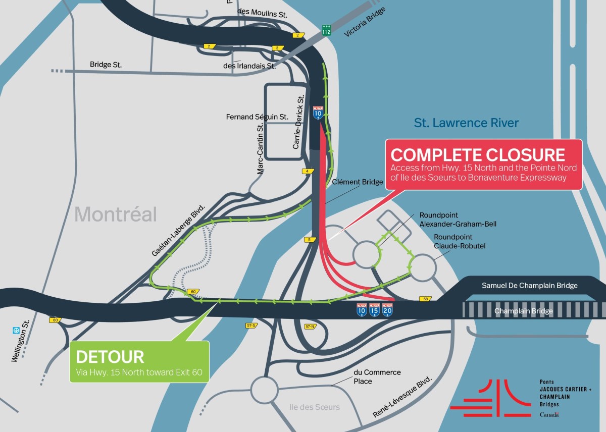 Bonaventure Expy. | Complete night closure of accesses to the Expy., toward downtown, from November 14 to 16