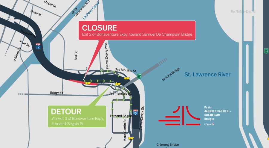 Bonaventure Expy. | Complete closure of the Exit 2 and Exit 3 toward Samuel De Champlain Bridge, on November 15
