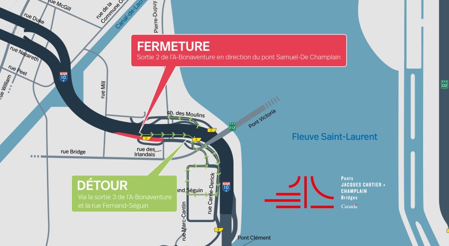 A-Bonaventure | Fermeture complète de la sortie 2 et de la sortie 3 en direction du pont Samuel-De Champlain, le 15 novembre