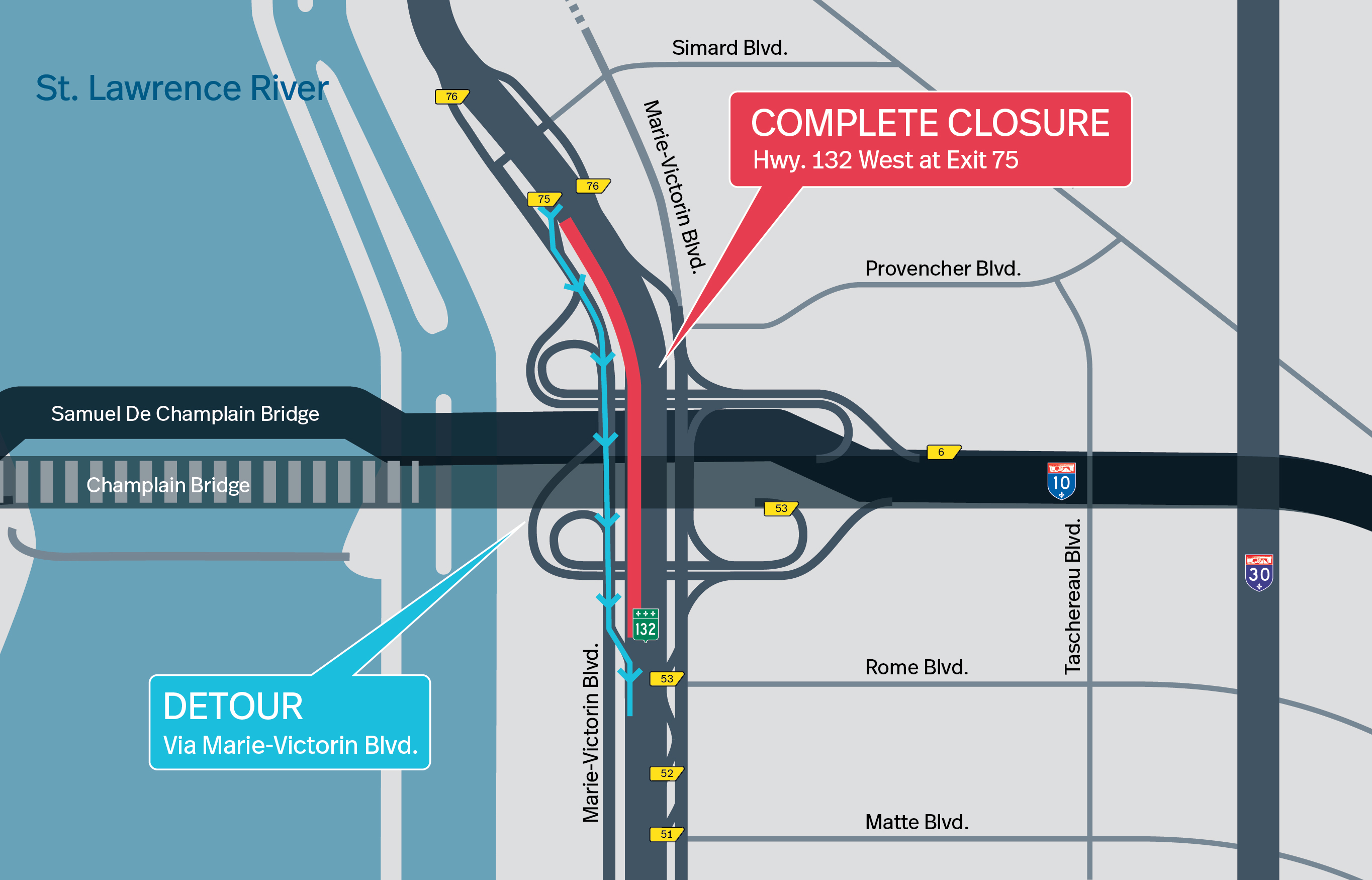 Brossard Sector | Complete closure of Hwy. 132 West, under the original Champlain Bridge, on January 12