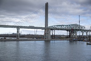 Cantilever section of the west span over the St. Lawrence Seaway dike.