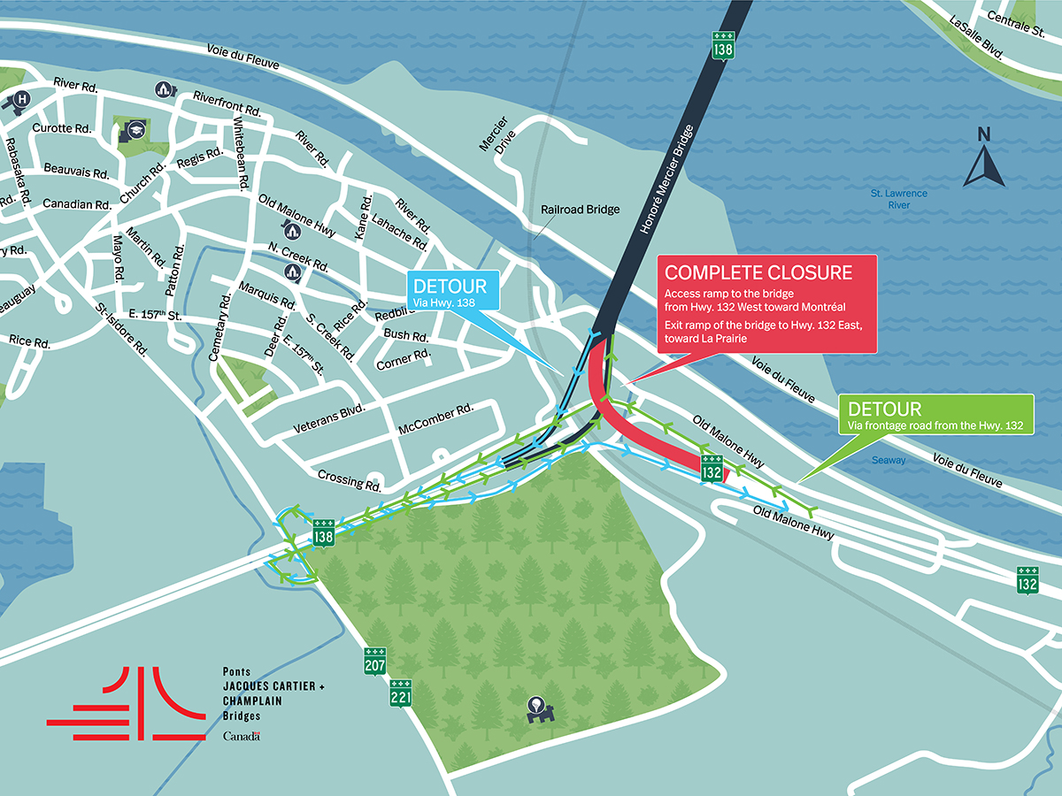 Honoré Mercier Bridge | Complete night closure of the access ramps from the Hwy. 132 West, toward Montréal, and the Hwy. 132 East, toward La Prairie, on March 8