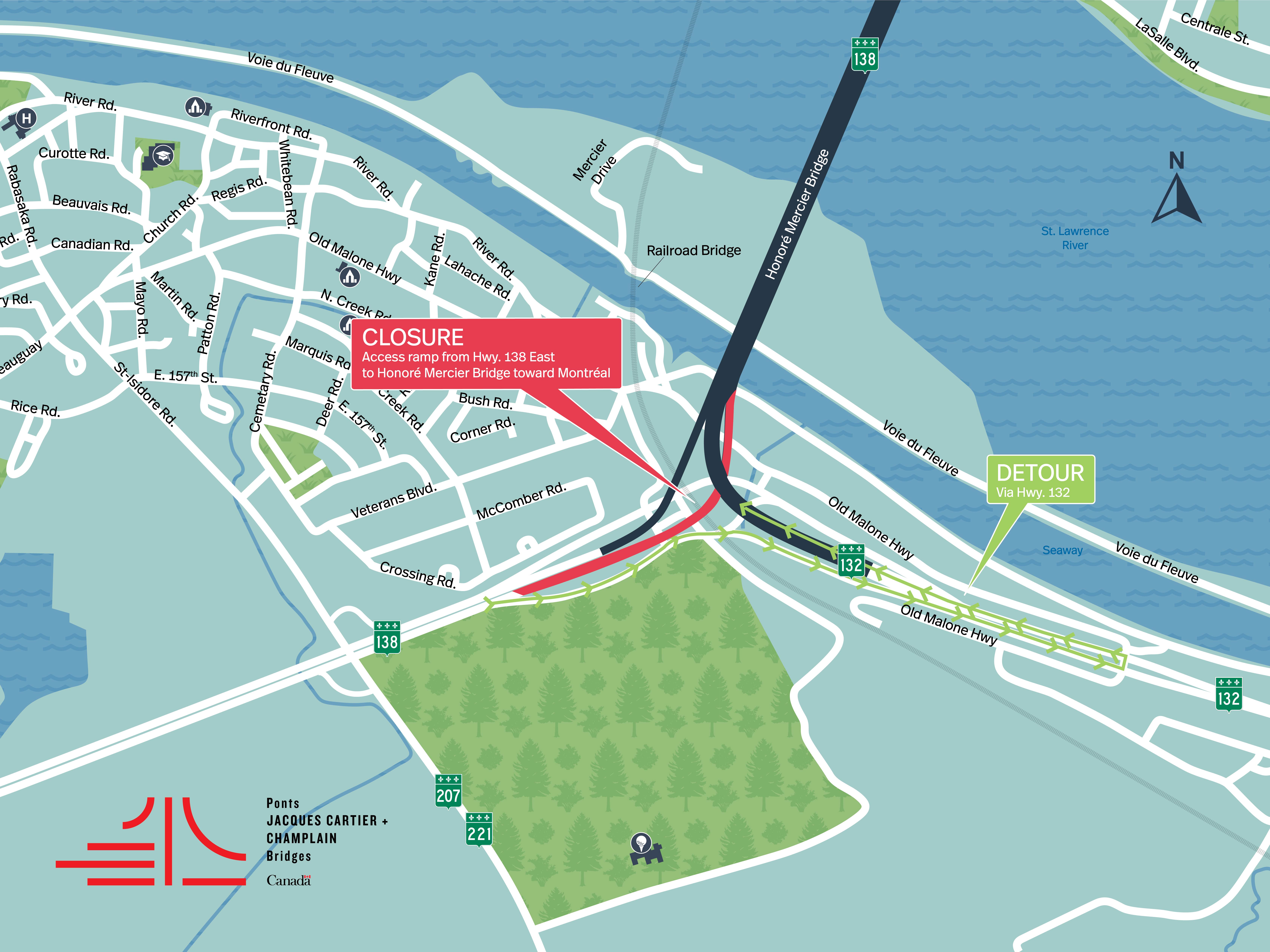 Honoré Mercier Bridge | Complete night closure of Hwy. 138 East access ramp toward Montreal, on March 10