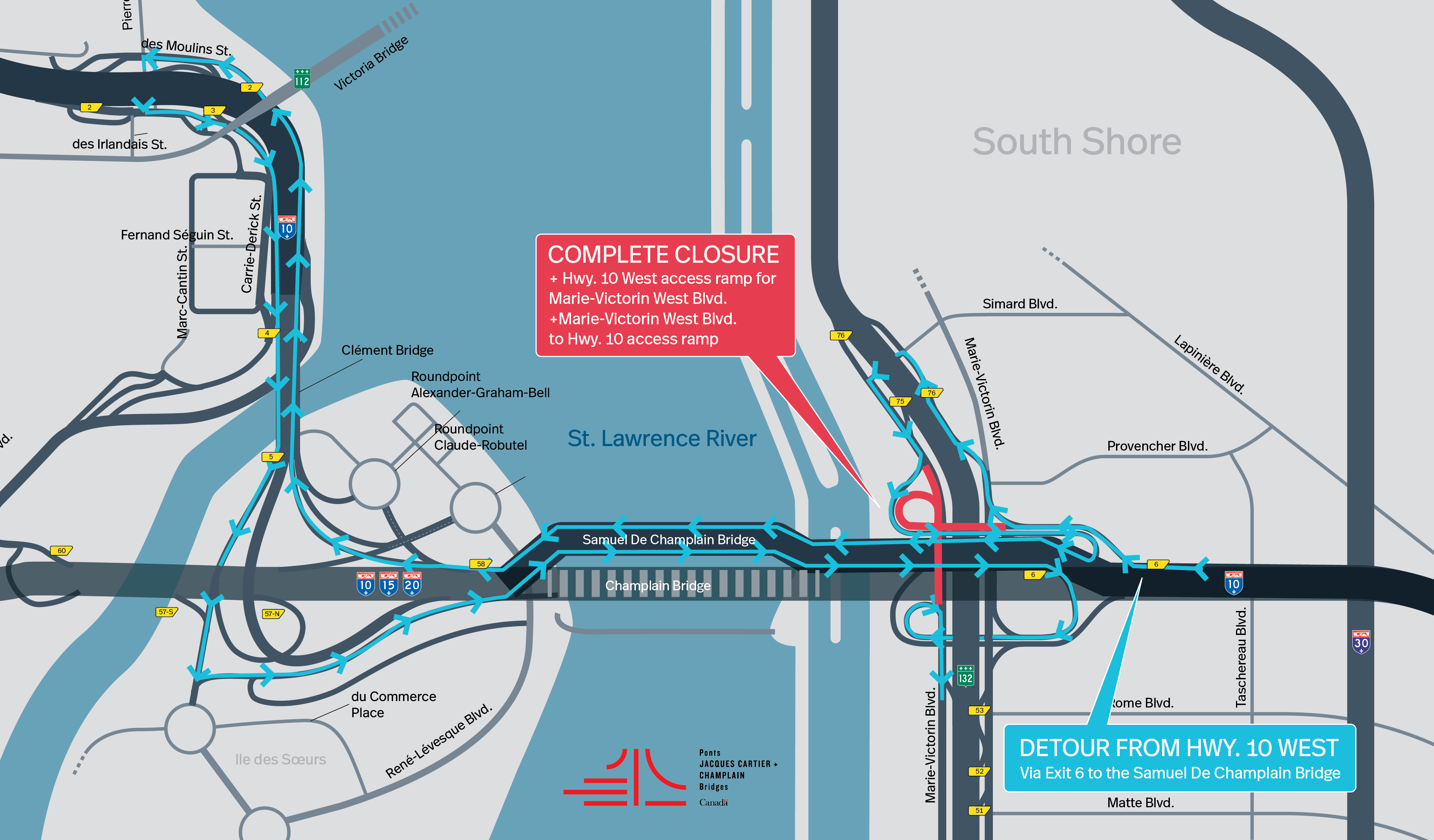 Brossard Sector | Complete closure of Blvd. Marie-Victorin West and from the Hwy. 10 West access ramp toward Blvd. Marie-Victorin West, on April 18