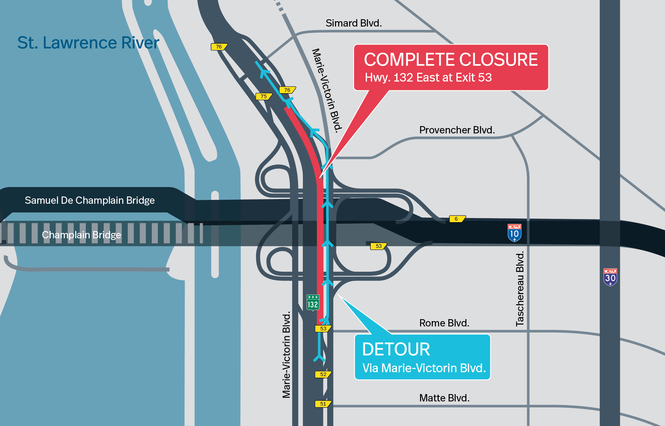 Brossard Sector | Complete night closure of Hwy. 132 East, under the original Champlain Bridge, on April 20