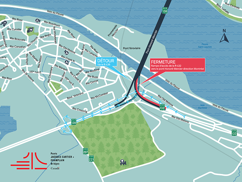 Pont Honoré-Mercier| Fermeture complète de nuit de la rampe d'accès de la R-132 Ouest vers Montréal le 3 juillet