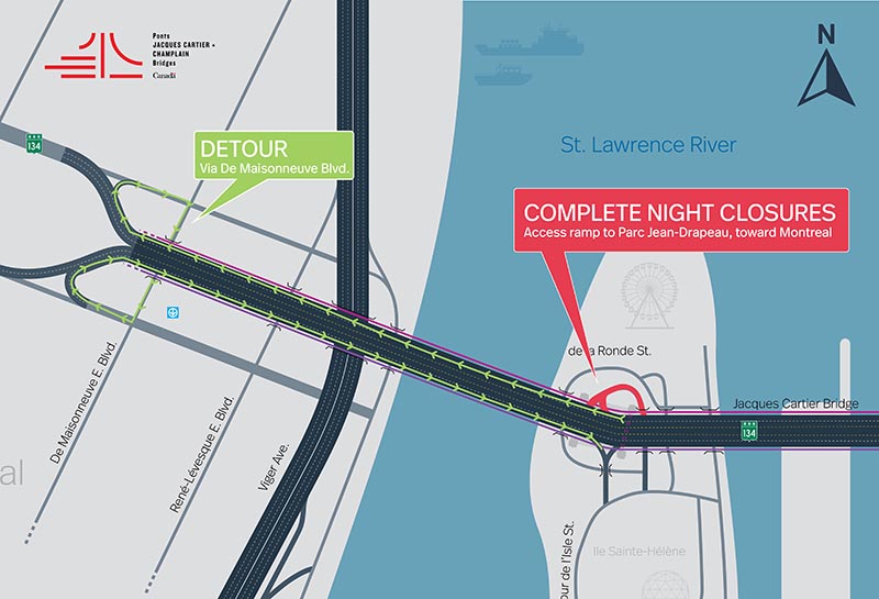 Jacques-Cartier Bridge | Complete closures of the access ramp to Jean-Drapeau Park toward Montréal on August 9 and 10