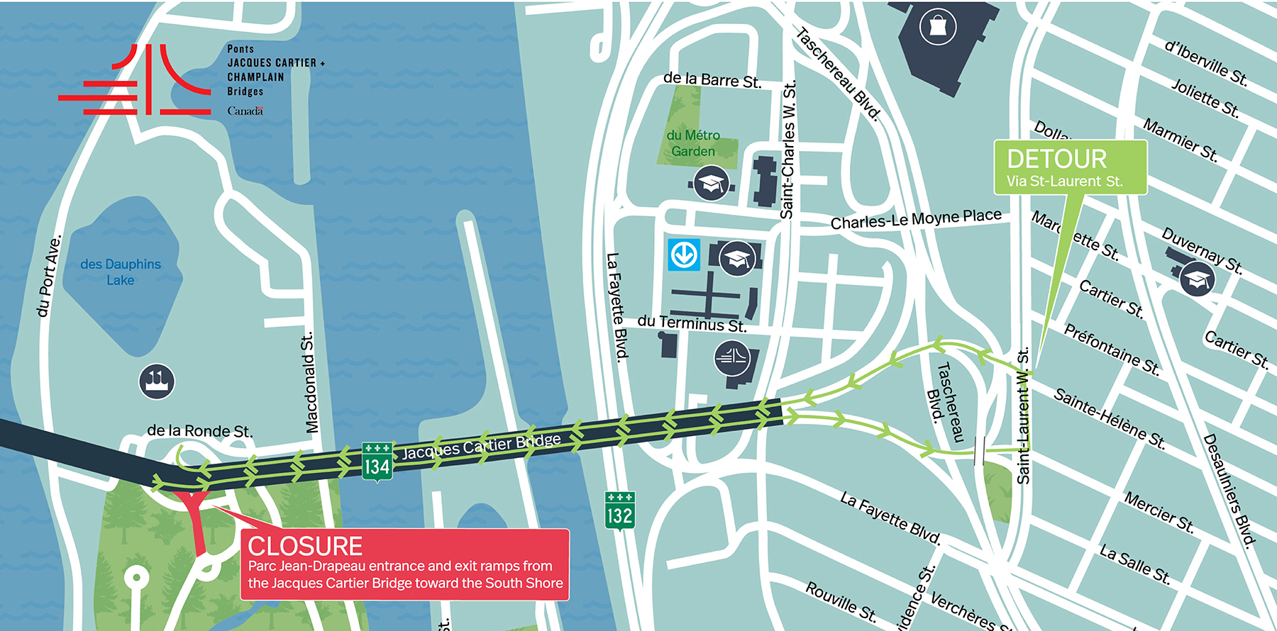 Jacques-Cartier Bridge | Complete closure of the access ramp to Jean-Drapeau Park toward South Shore on August 14 and 15