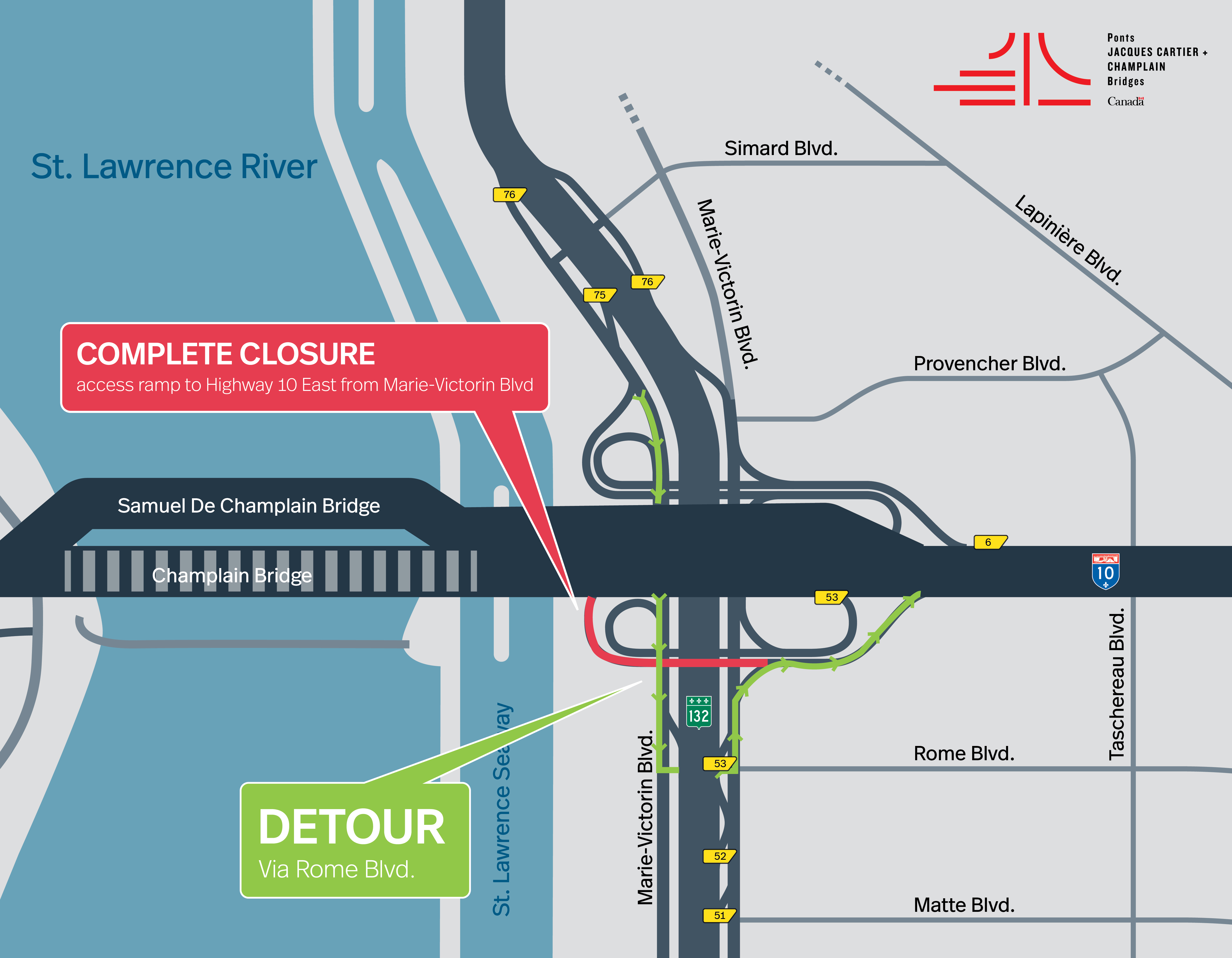 Brossard Sector | Complete closure of the access ramp from Blvd. Marie-Victorin West to Hwy. 10 East, on September 8