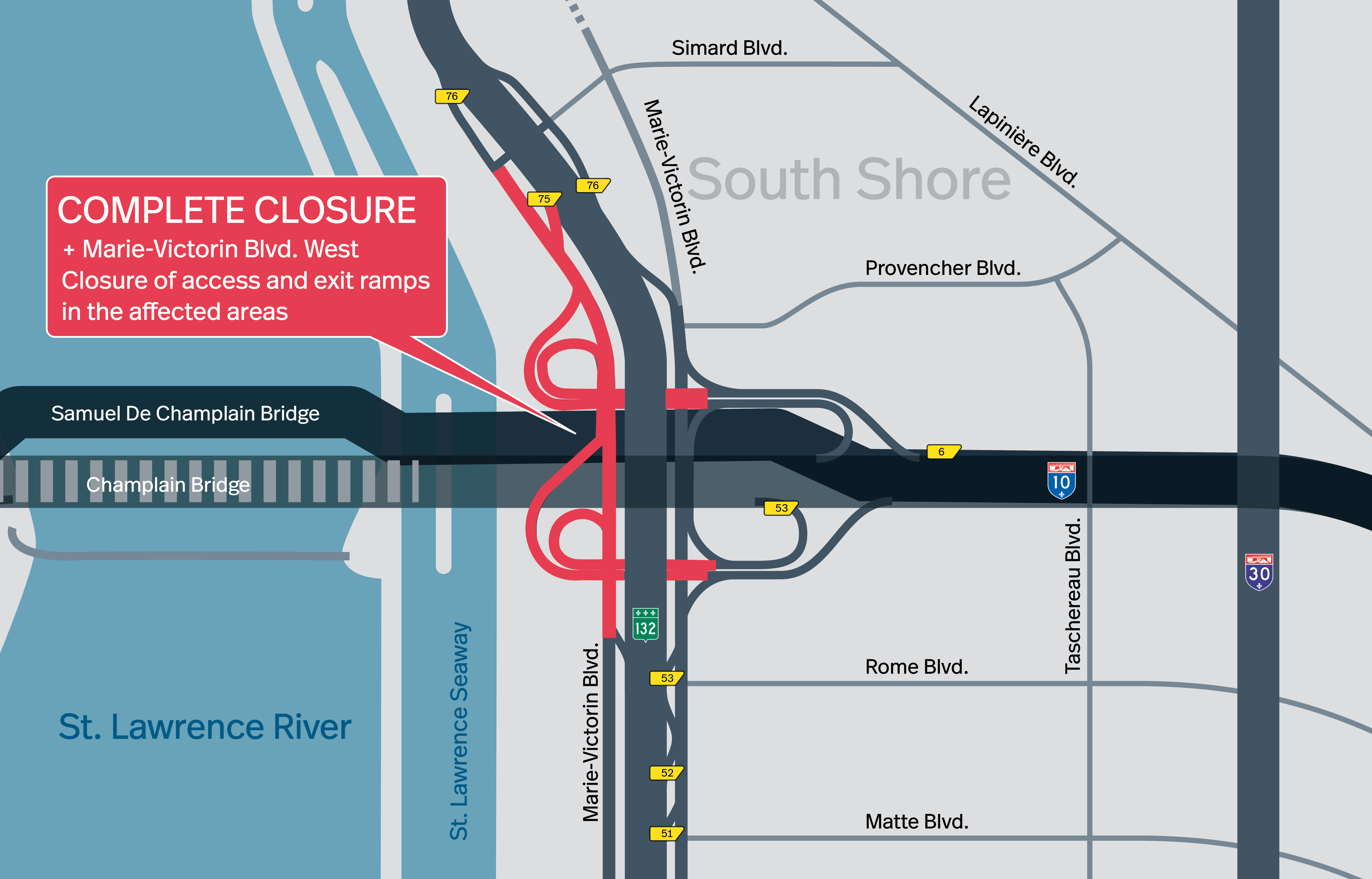 Brossard Sector | Complete closure of Marie-Victorin Blvd. West and from the Hwy. 10 West access ramp toward Marie-Victorin Blvd. West, from September 16 to 19