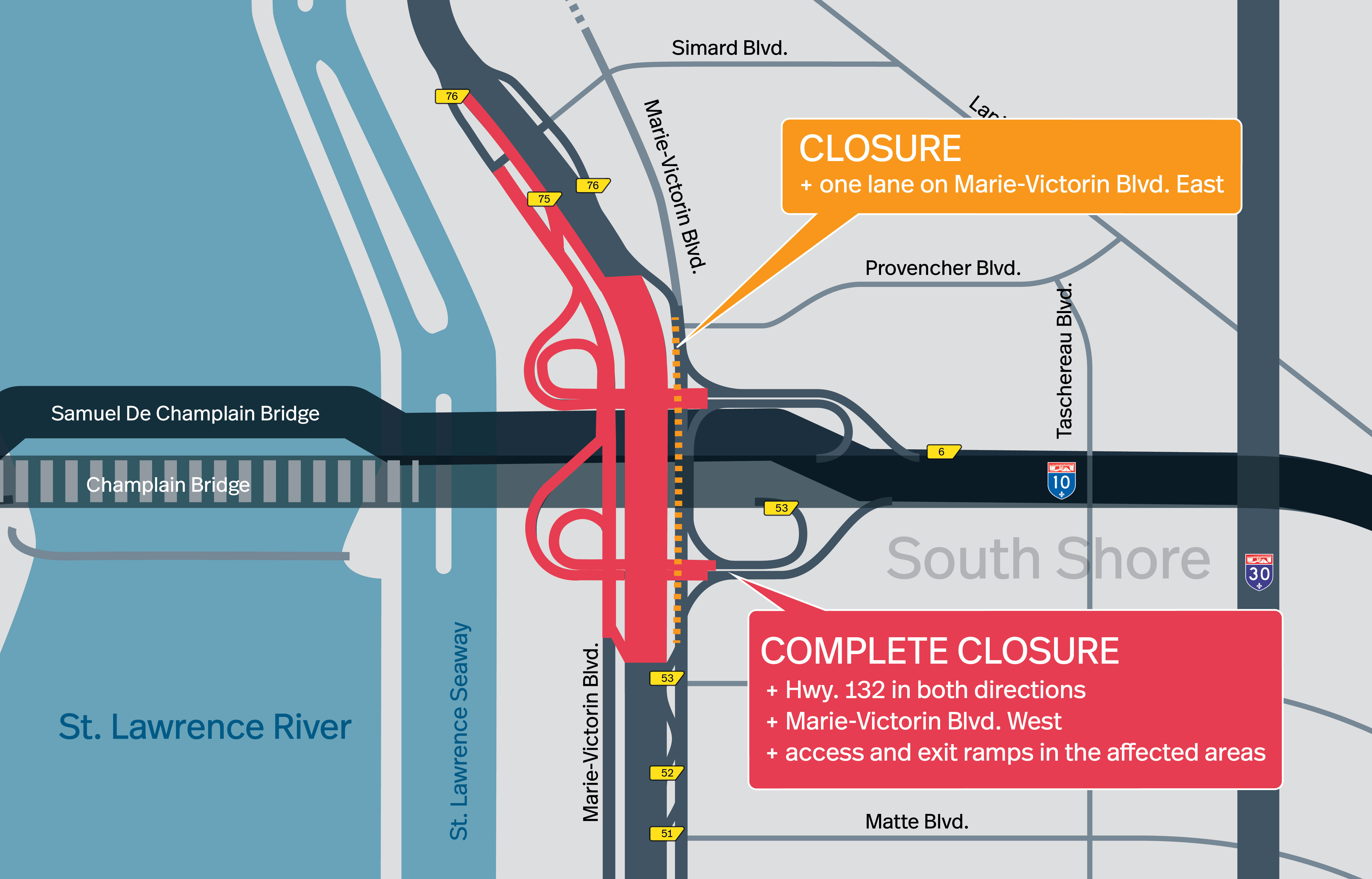 Brossard Sector | Complete closure of Hwy. 132 in both directions under the original Champlain Bridge, from September 23 to 26