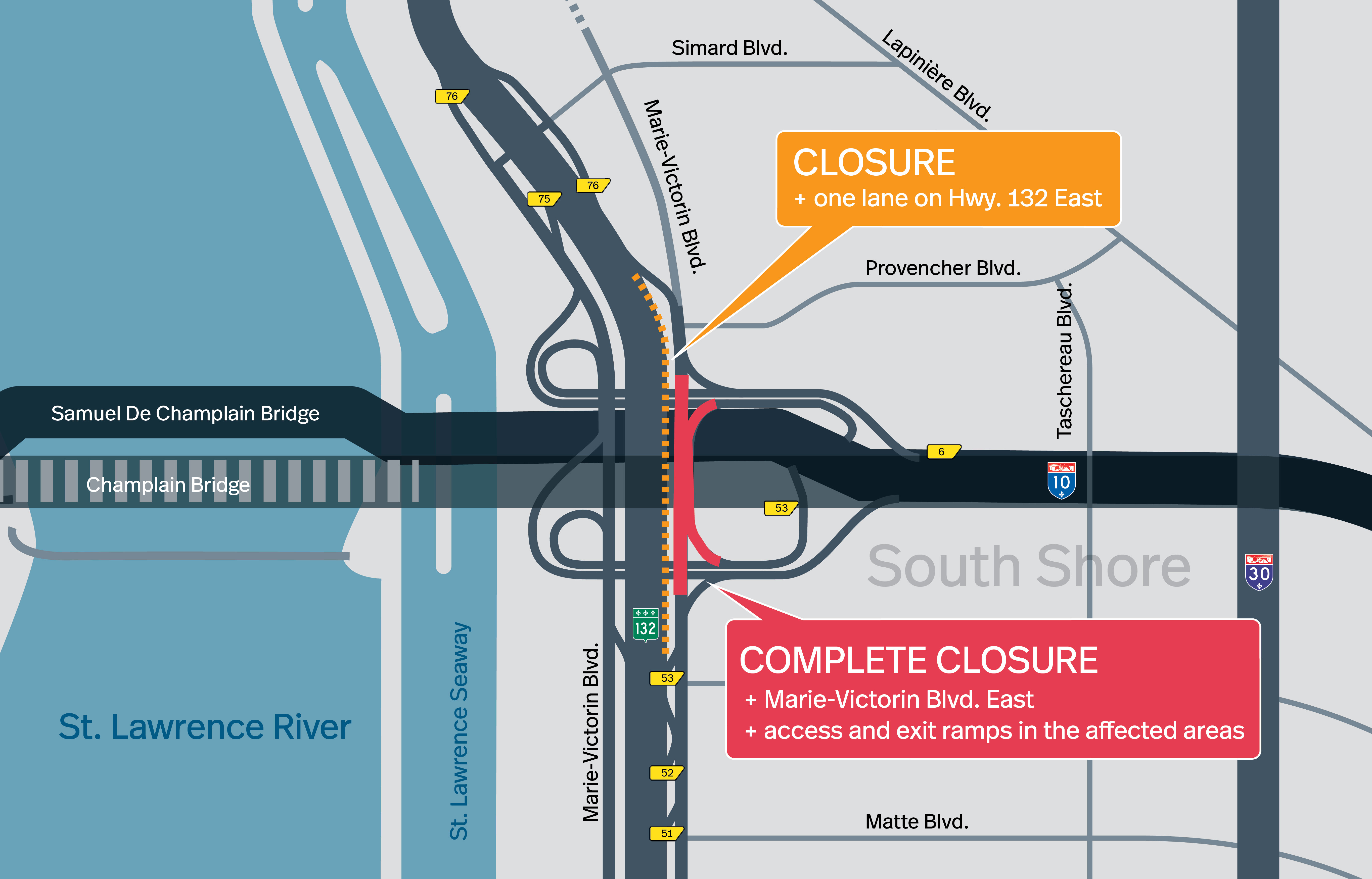 Brossard Sector | Complete closure of Marie-Victorin Blvd. East under the original Champlain Bridge, from September 30 to October 3