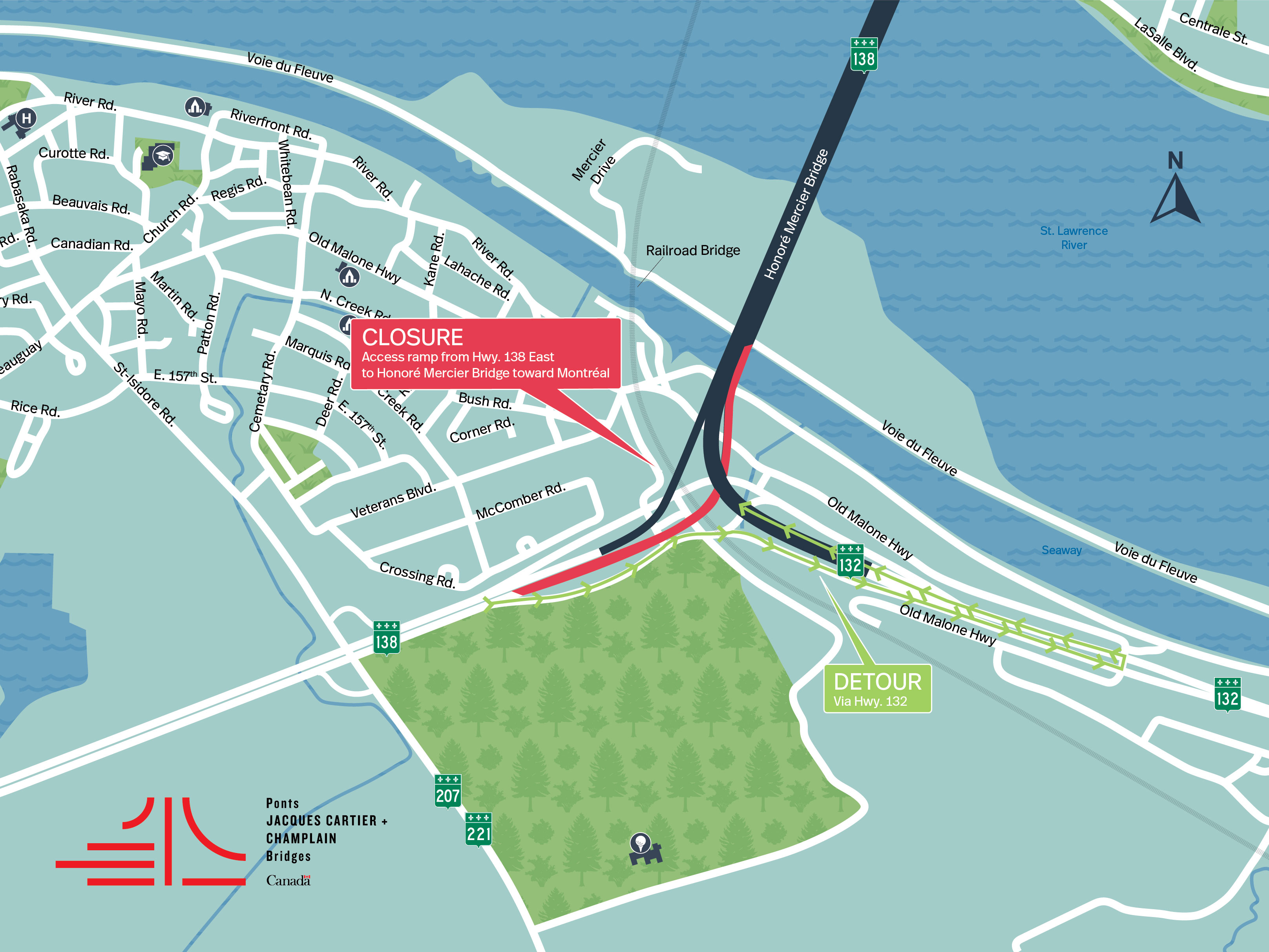 Honoré Mercier Bridge | Complete night closure of Hwy. 138 East access ramp and Hwy. 132 West toward Montreal, on October 5