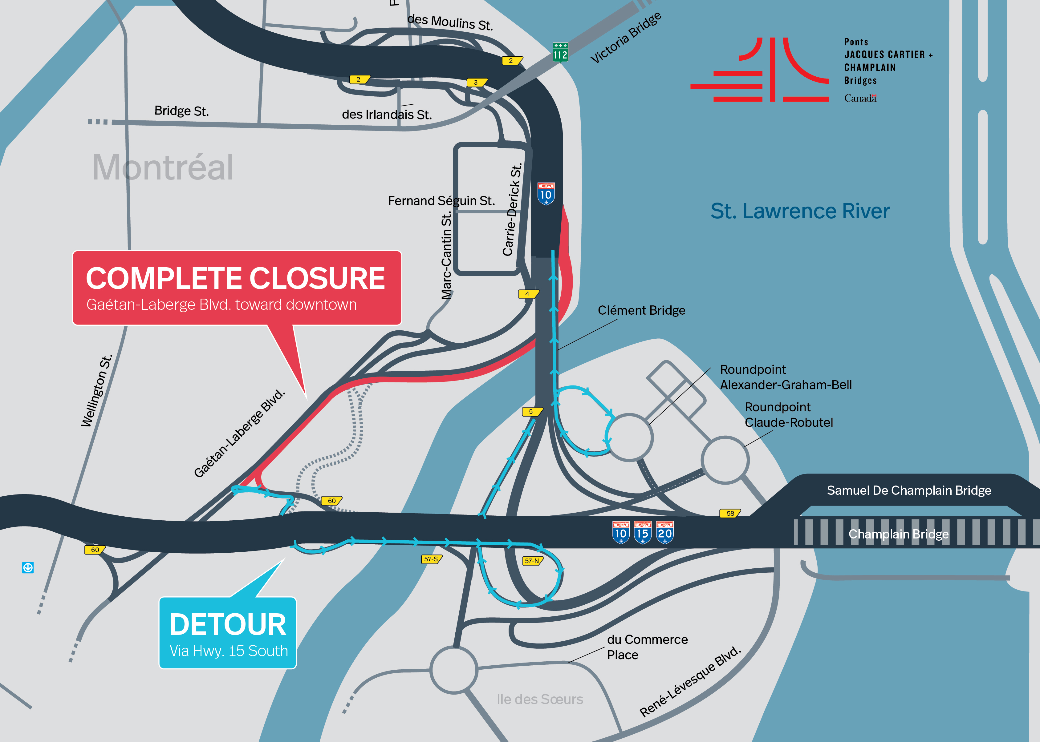 Cancelled | Bonaventure Expy. | Complete night closure of the Gaétan-Laberge Blvd., toward downtown, on October 23