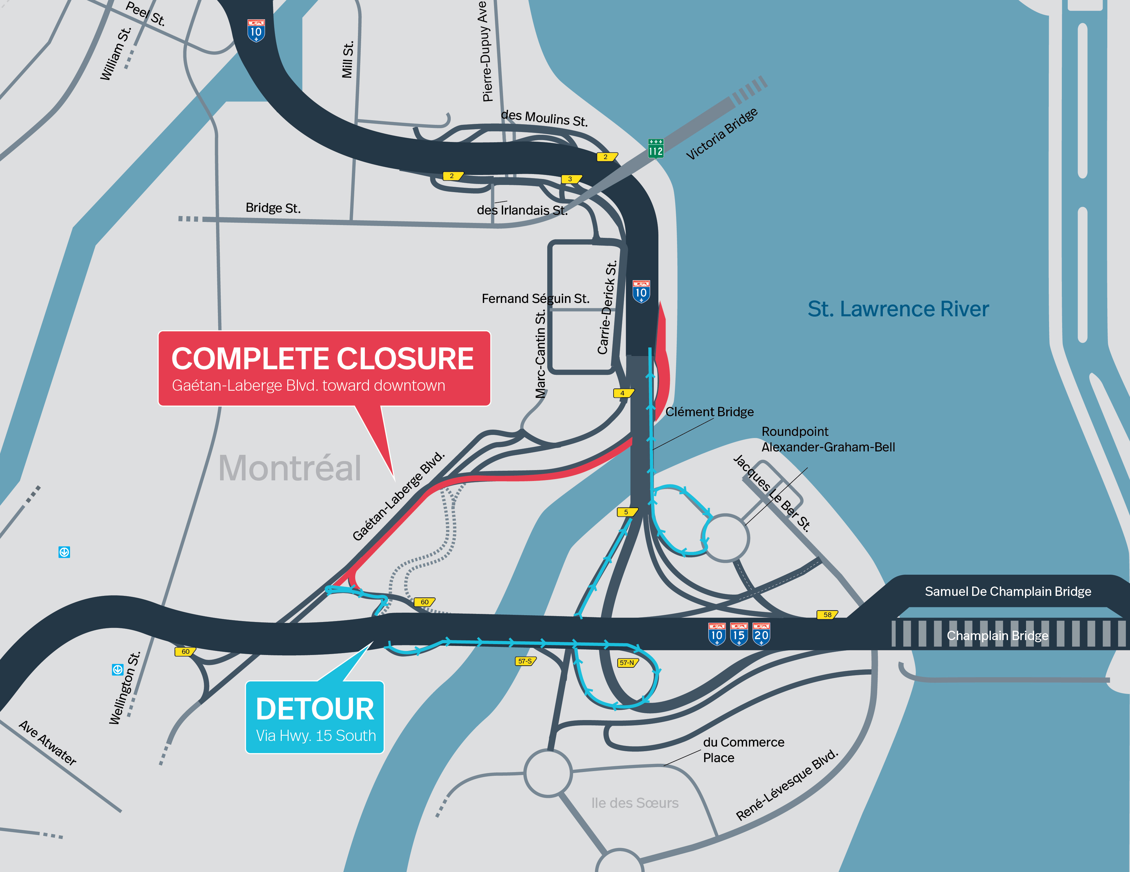 Bonaventure Expy. | Complete night closure of the Gaétan-Laberge Blvd., toward downtown, on November 6 and partial lane closure until November 18